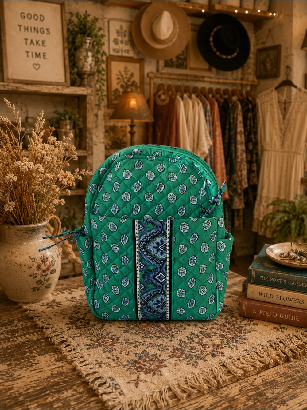 Vera Bradley Small Backpack in Garden Green Leaf